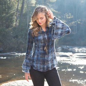 Ryan Michael indigo plaid tiered sleeve shirt S